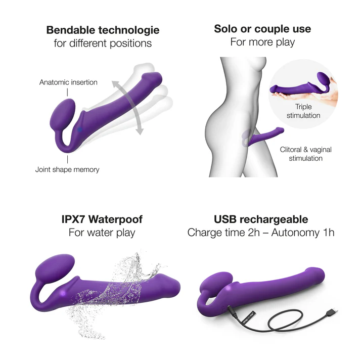 VIBRATING BENDABLE STRAP-ON - L - PURPLE - Red Velvet Boutique