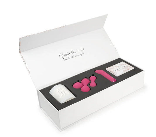 Nice and Naughty Gift Set: White, Pink - Candle, Ami, G-Spot Bullet, Treat Cards - Red Velvet Boutique