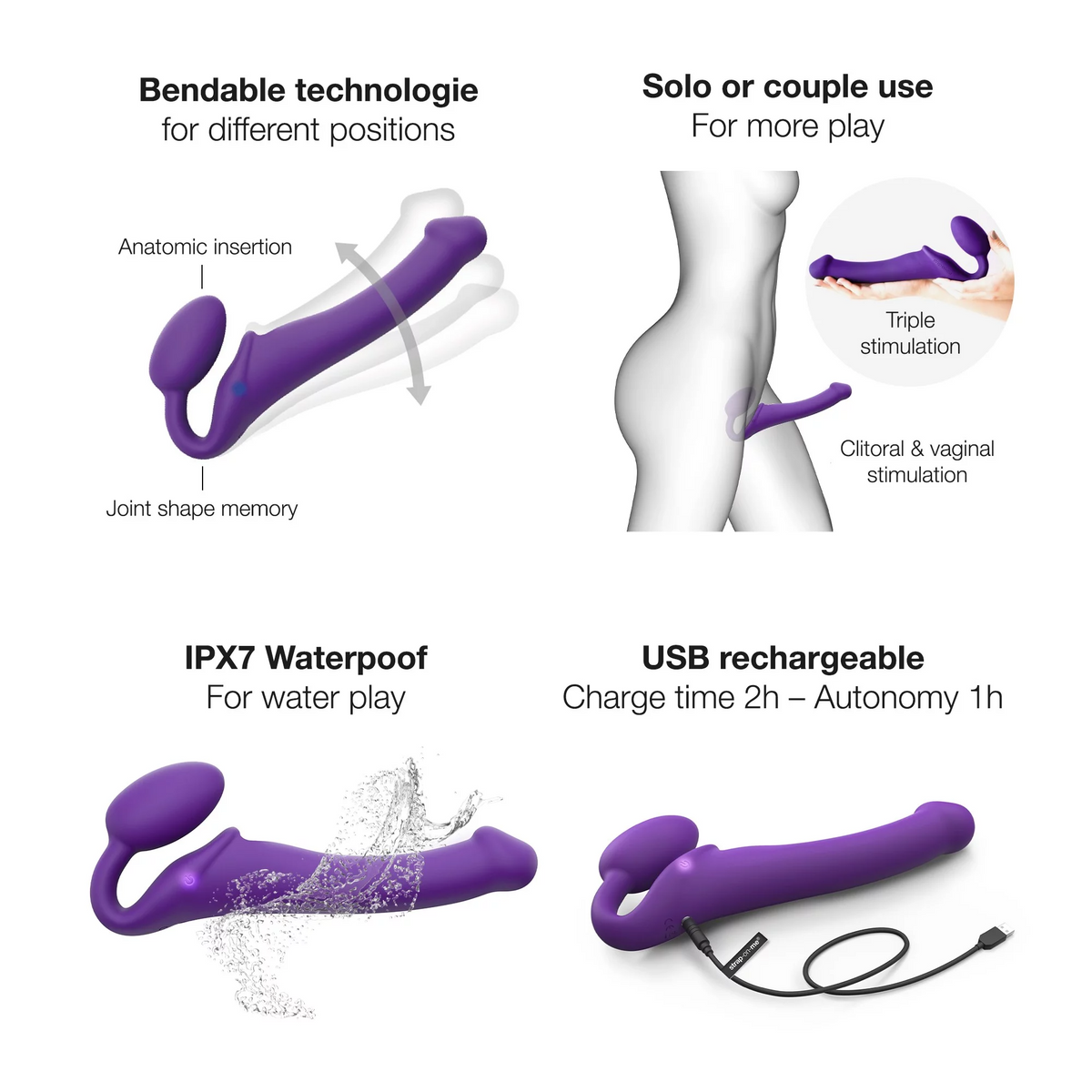 VIBRATING BENDABLE STRAP-ON - M - PURPLE - Red Velvet Boutique
