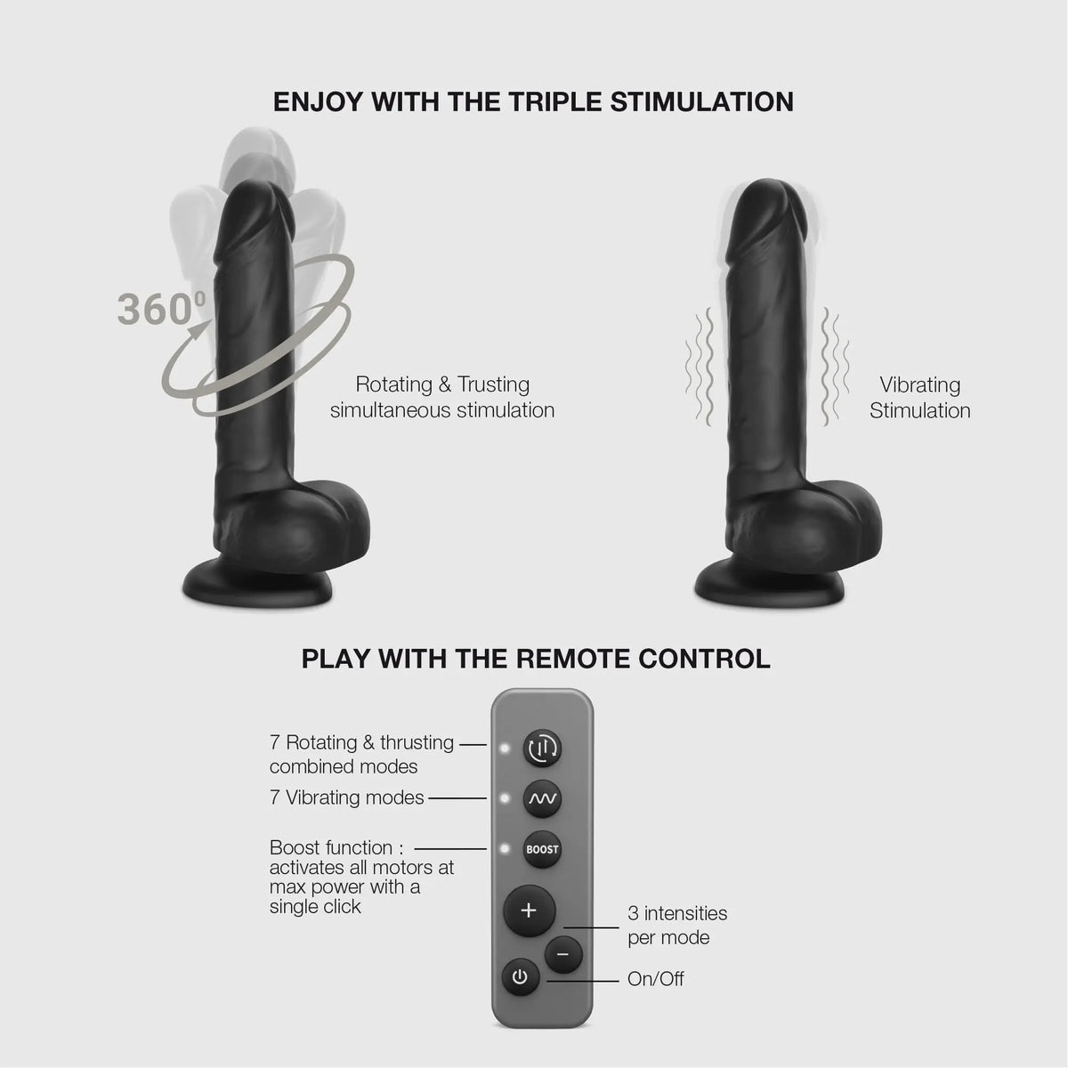 ROTATING & VIBRATING REALISTIC DILDO - L - BLACK STRAP-ON-ME